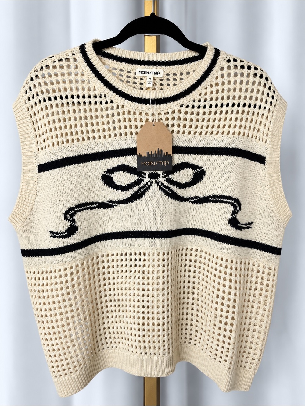 Main Strip Cream Knit Sleeveless Sweater Vest with Black Bow Detail